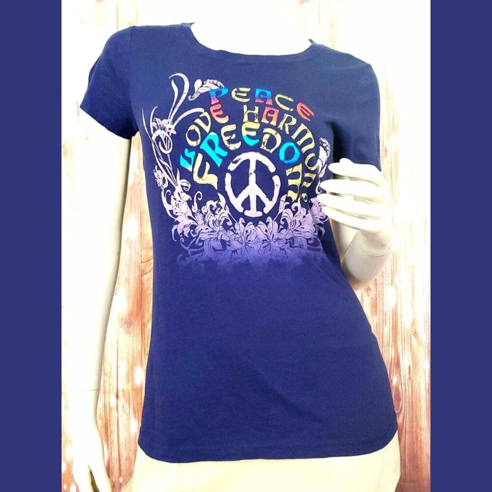 Lucky Brand Womens Indigo T Tee Shirt Peace Love Harmony Freedom Graphic Small S
